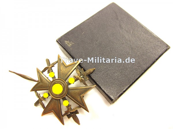 Spanienkreuz in Bronze mit Schwertern im blauen Karton